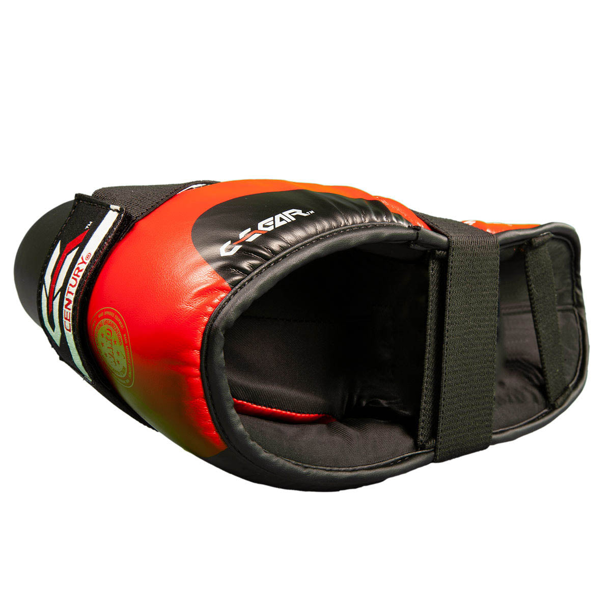 Red and black kickboxing kick pad with hook-and-loop straps and open heel design