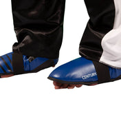 Blue ankle kick pad with Century logo on toe and striped side panel