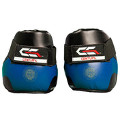 Pair of blue-and-black ankle kick pads, Century logo patches on heel area