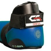 Close-up of blue ankle kick pad with black strap and CENTURY logo label