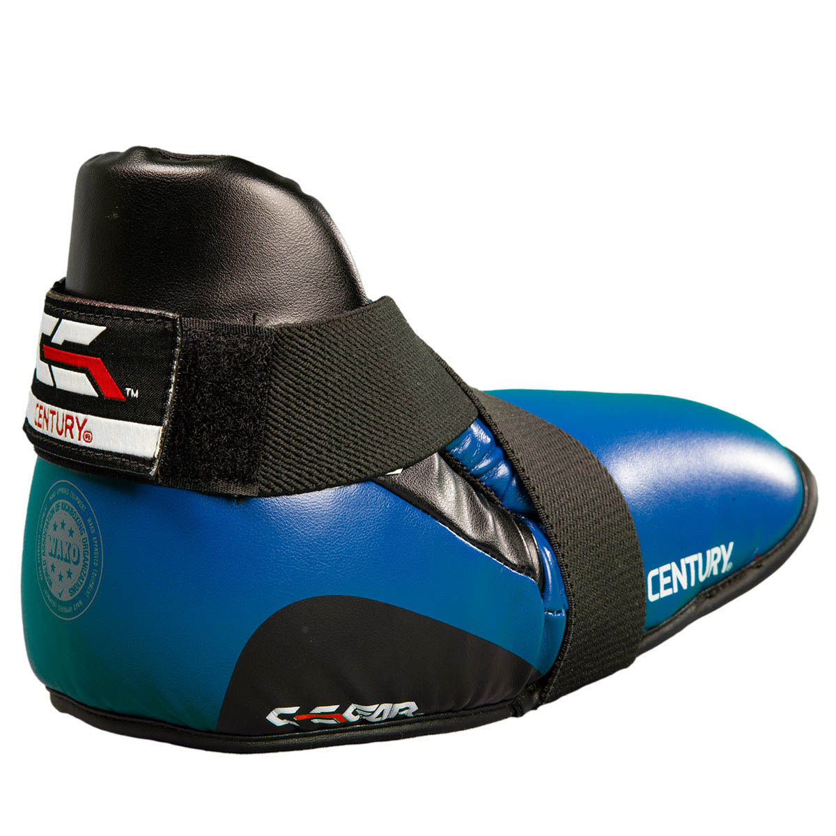 Blue and teal ankle kick pad with black elastic strap and Century logo on side