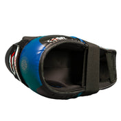 Blue ankle kick pad with black interior and black strap, open top