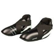 Black ankle kick pads with white stripe accents and Century logo patch
