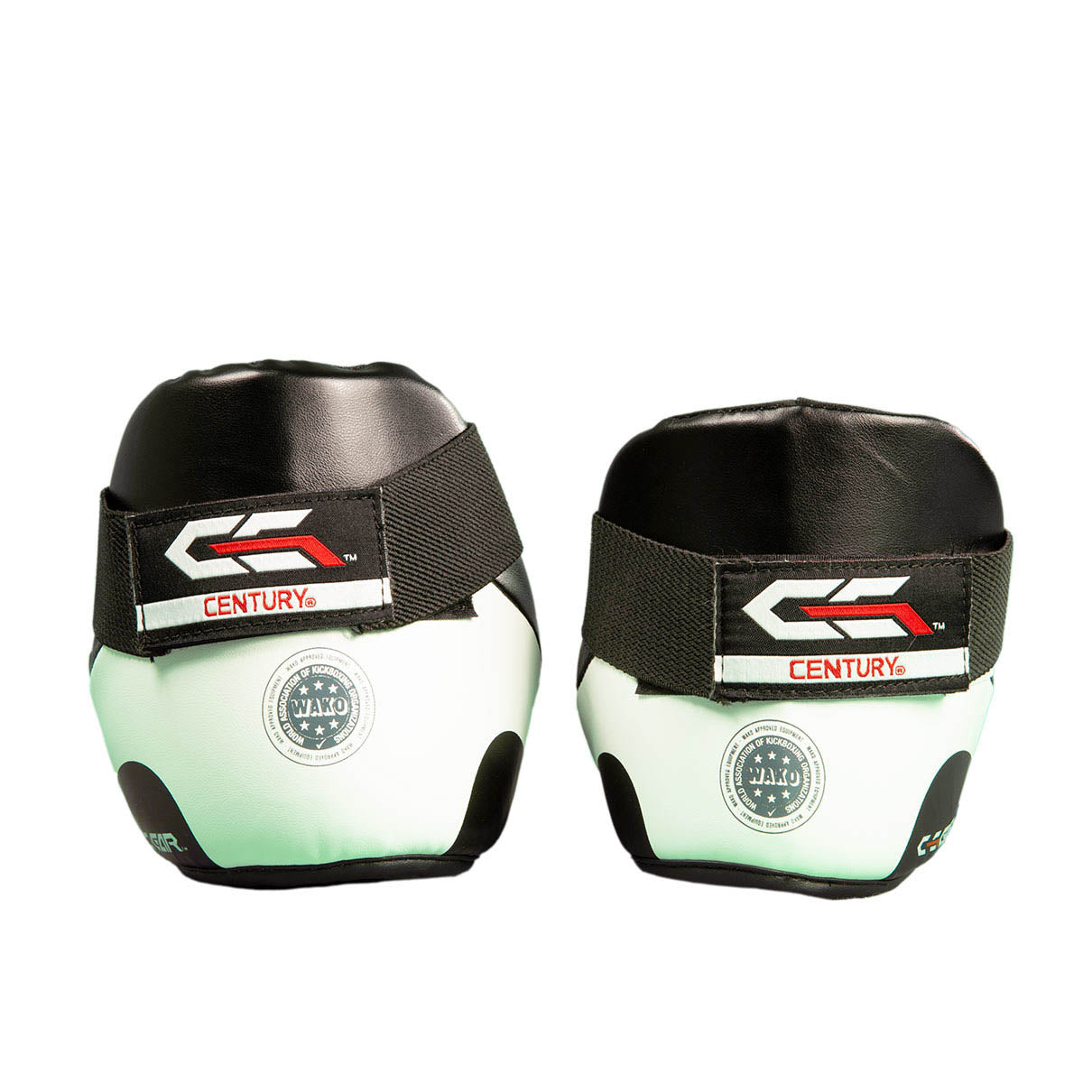White-and-black ankle kick pads with green logo accents and Century branding