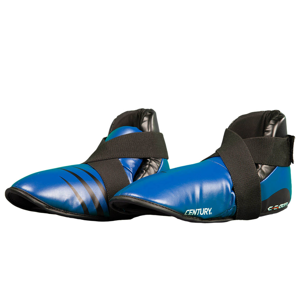 Blue and black kickboxing kick pads with hook-and-loop ankle strap and curved logo striping