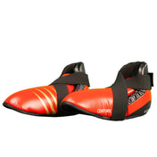 Red and black kickboxing kick pads with hook-and-loop ankle strap and orange striped panel