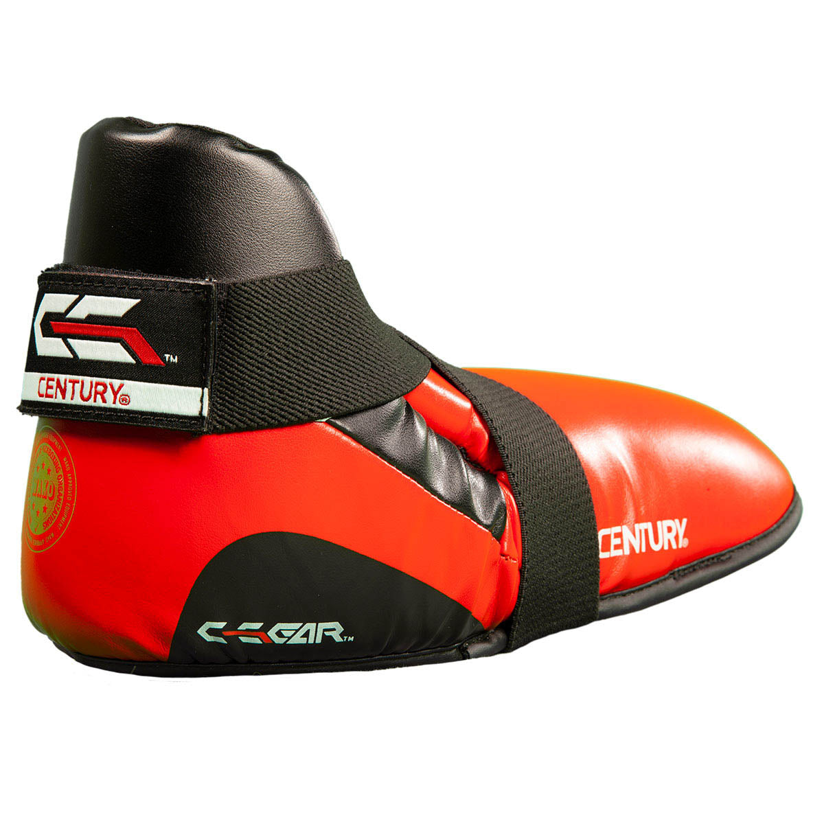 Red and black kickboxing kick pads with black top strap and CENTURY patch