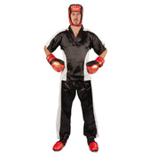 Red boxing kick pads on a standing fighter with black uniform and red gloves