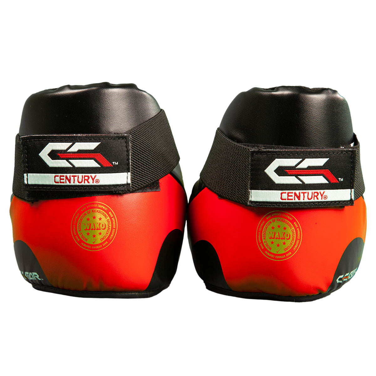 Red and black kickboxing kick pads with black top straps and CENTURY branding patches