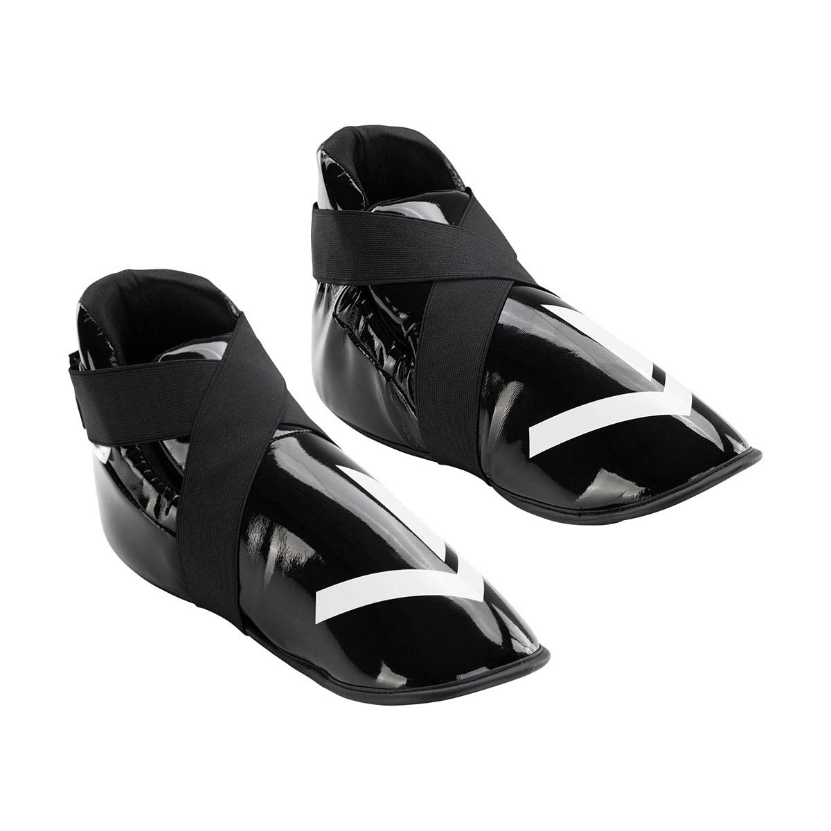 Martial arts kickboxing shoes, black with side strap closure and white stripe detailing