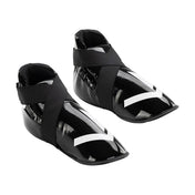 Martial arts kickboxing shoes, black upper with wide strap and white angular stripe accents