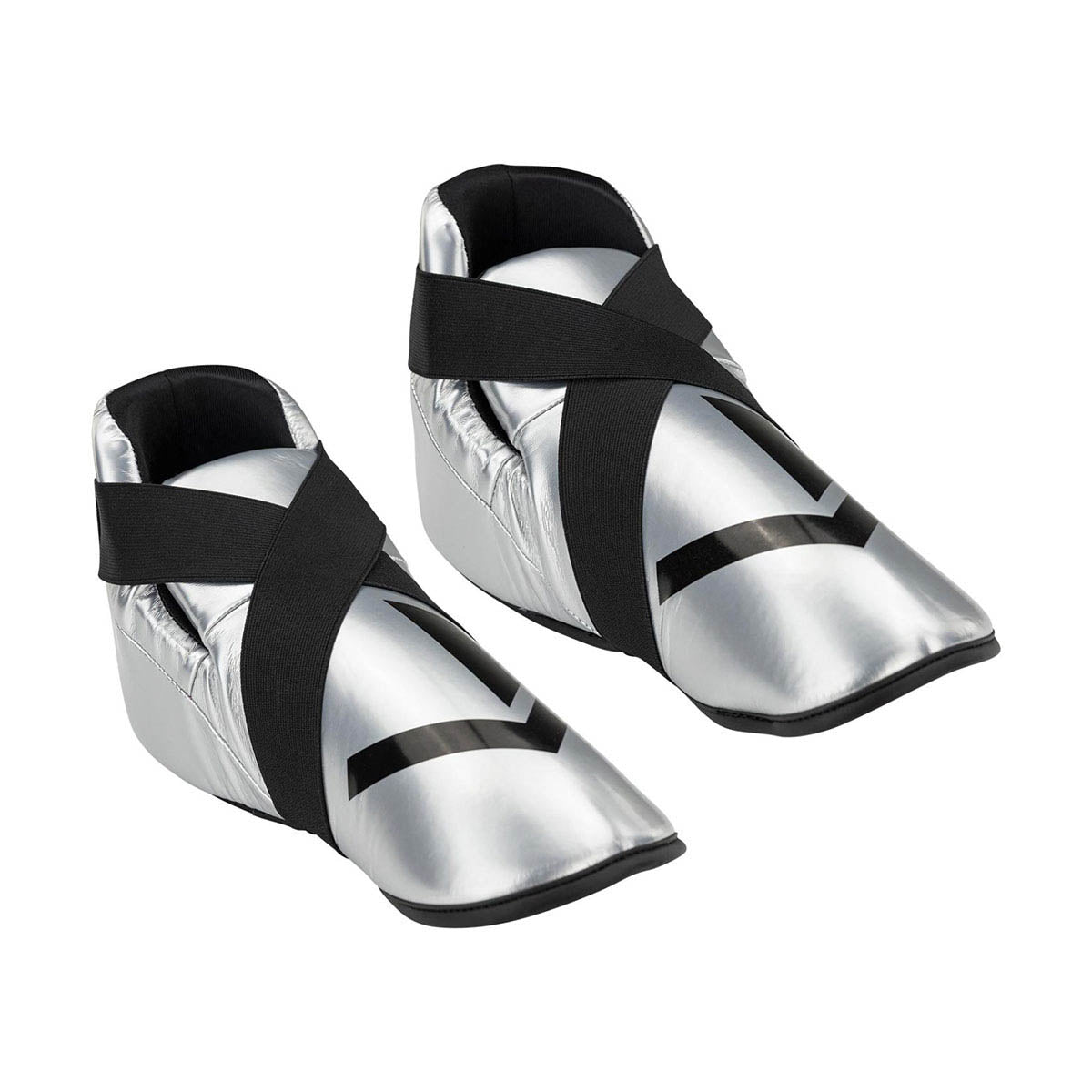 Metallic silver boxing-style kicks with black straps and ankle closures, pair