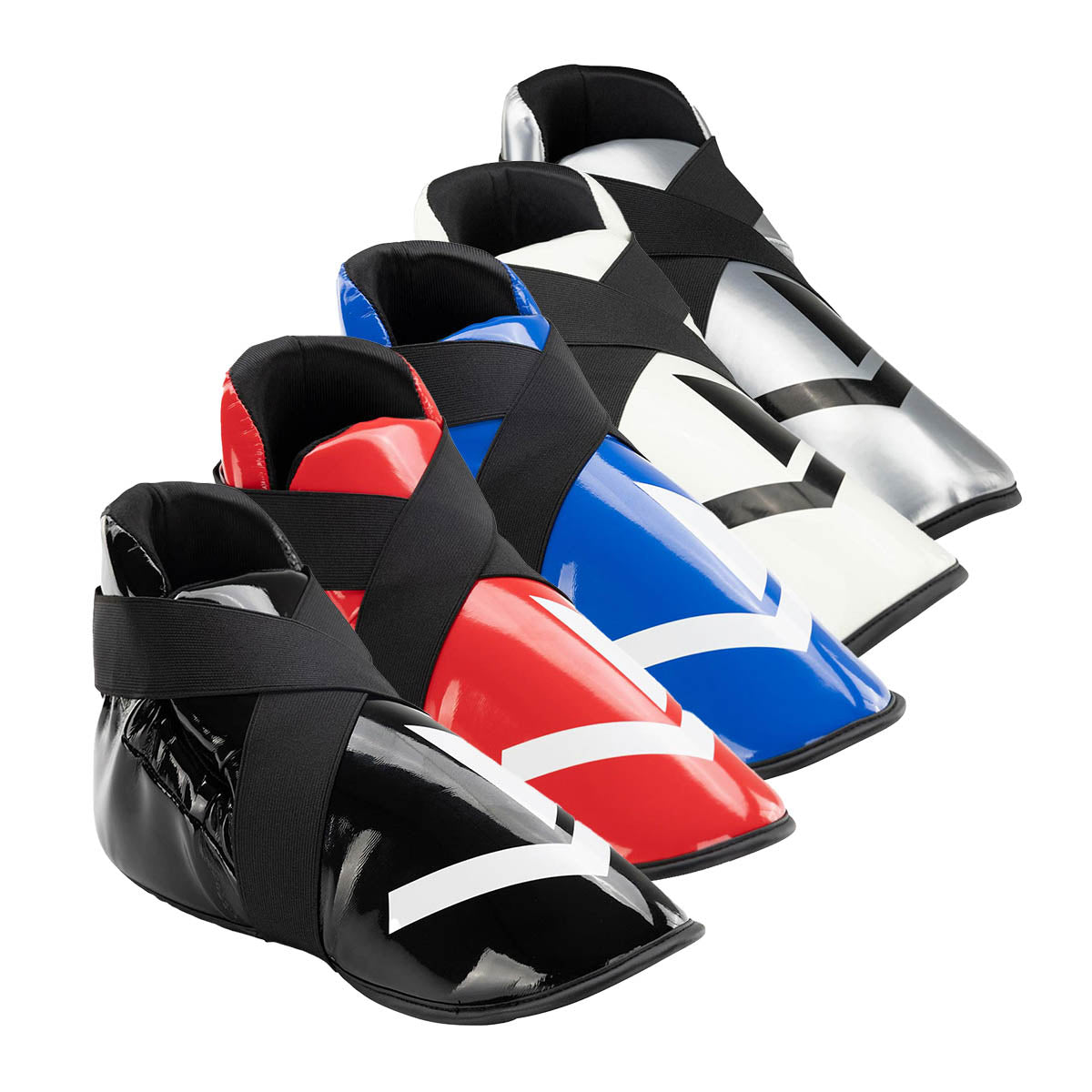 Assorted boxing kick boots with black, red, blue, and silver panels and straps