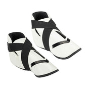 White boxing-style kicks with black instep strap and contrast toe trim, pair