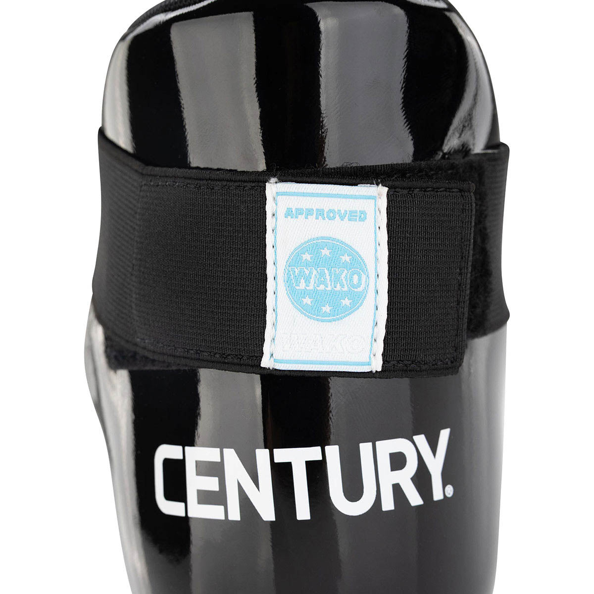 Black boxing kick boots with WAKO patch and CENTURY lettering on the side