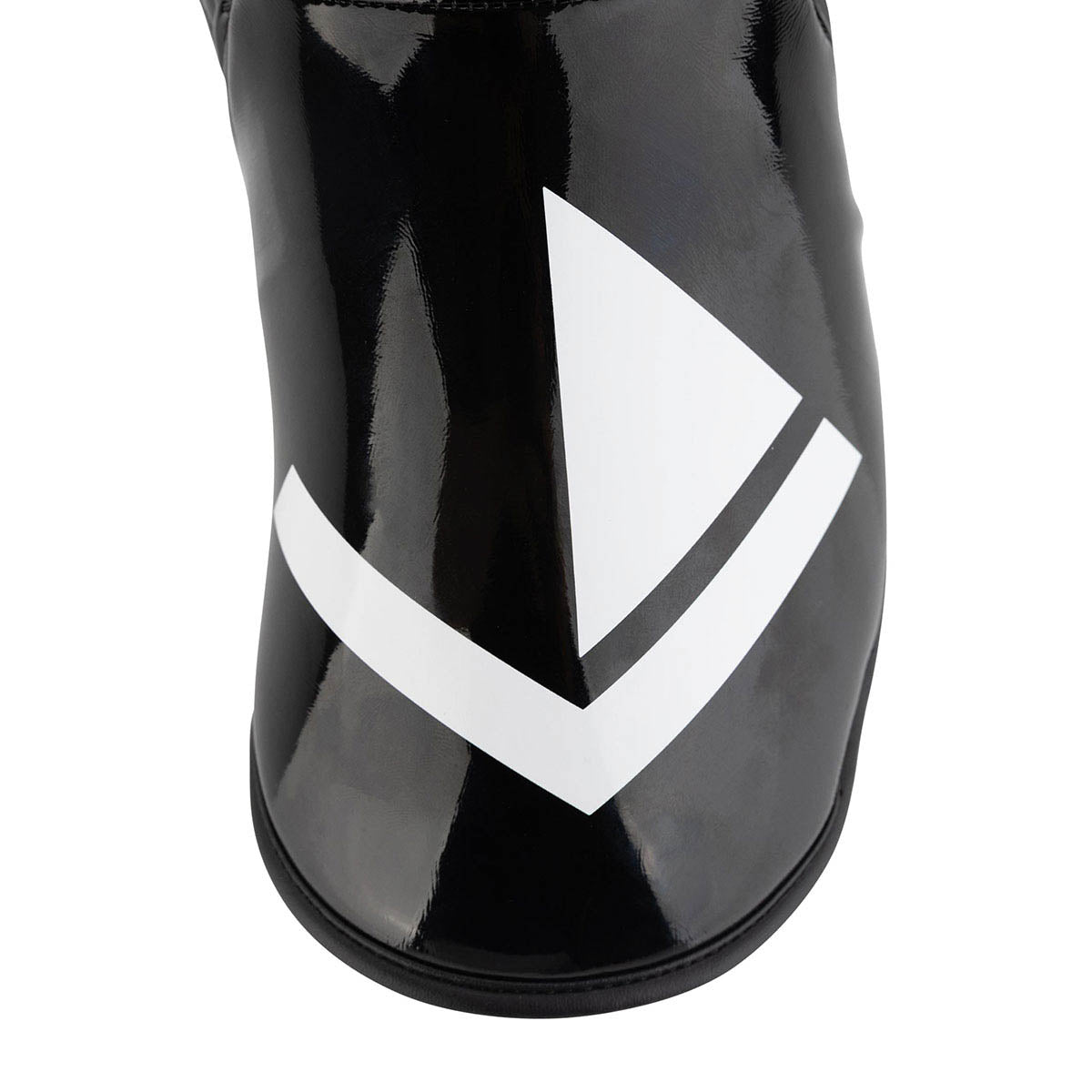 Silver boxing kick boot with white shield-style logo and black ankle strap