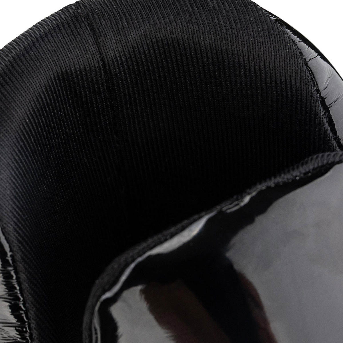 Black boxing kick boot with ribbed fabric cuff and glossy protective toe panel