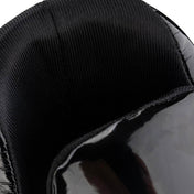 Black boxing kick boot with ribbed fabric cuff and glossy protective toe panel