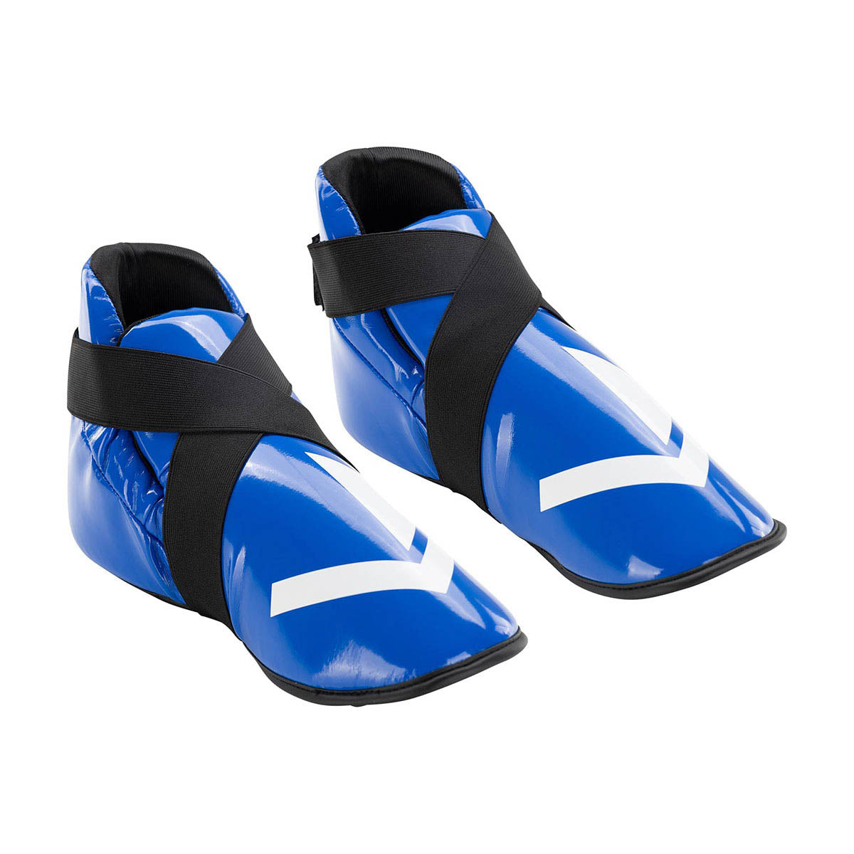 Blue boxing kicks with black strap closure and white logo detail on the side