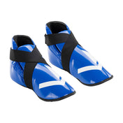 Blue and black ankle boxing shoes with hook-and-loop strap and white side stripe logo