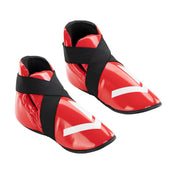 Red boxing kicks with black strap closure and white logo detail on the side