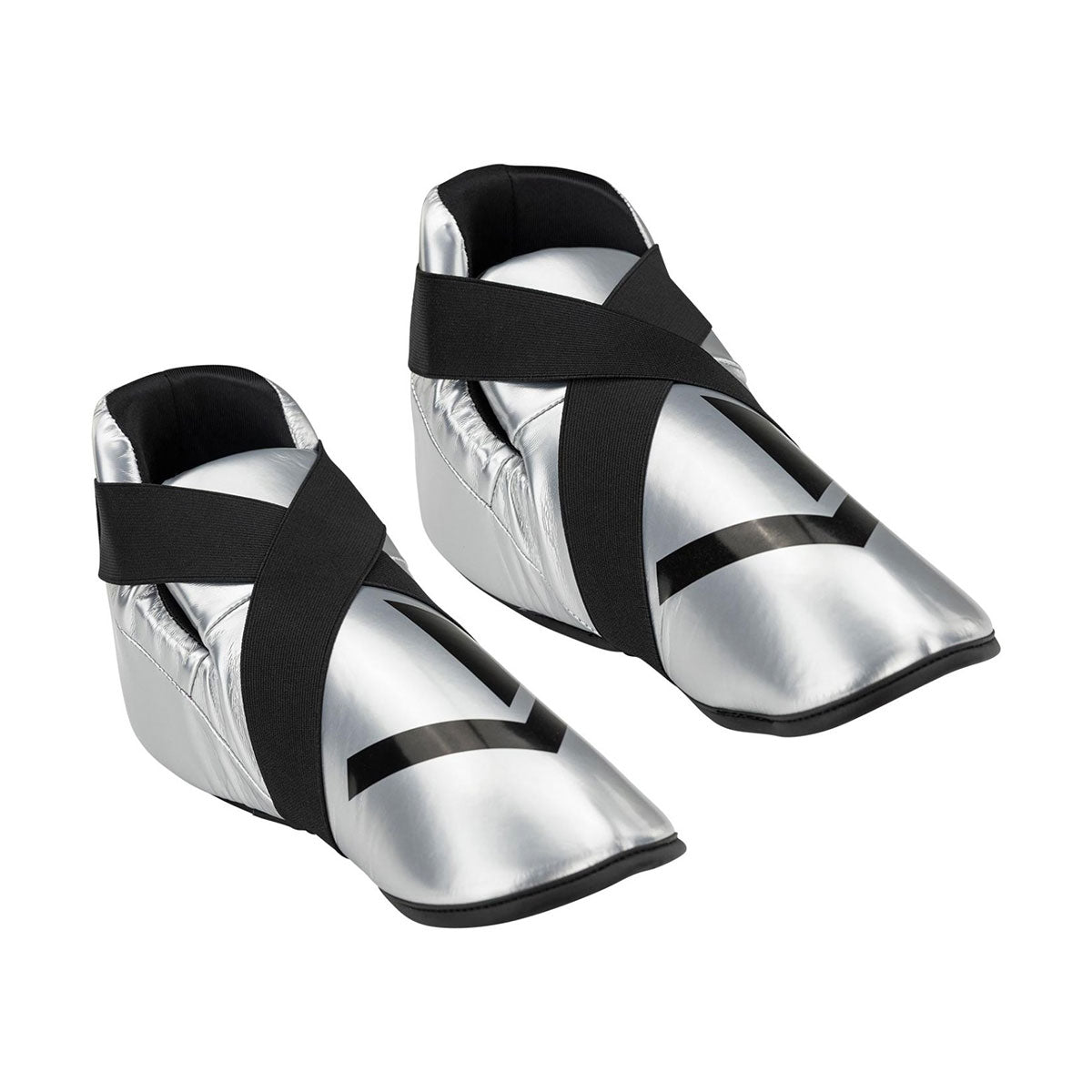 Silver boxing kick boots with white chevron logo and wide hook-and-loop strap