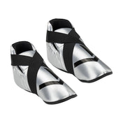 Silver boxing kick boots with white chevron logo and wide hook-and-loop strap