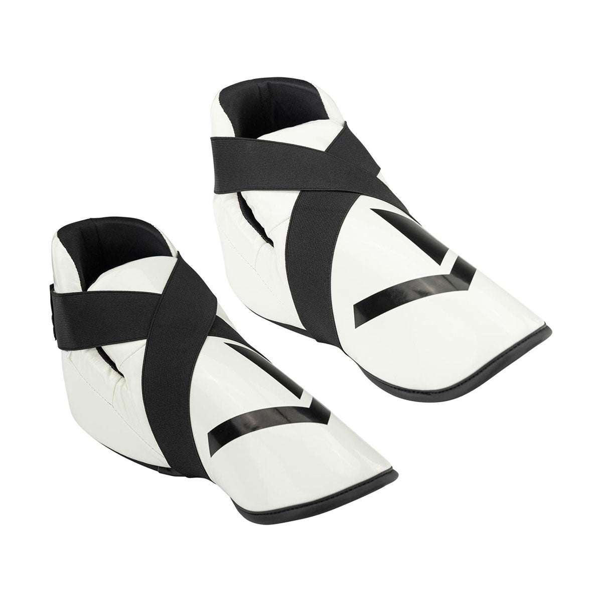 Martial arts kickboxing shoes, white with black straps and bold white stripe accents