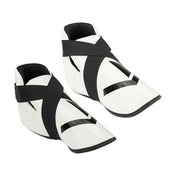 Martial arts kickboxing shoes, white with black straps and bold white stripe accents