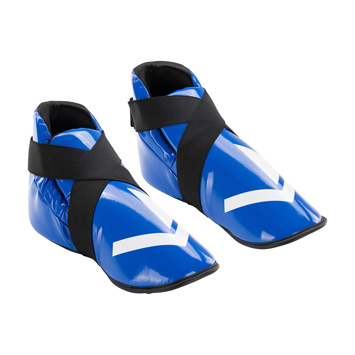 Blue boxing kick boots with white chevron logo and wide hook-and-loop strap