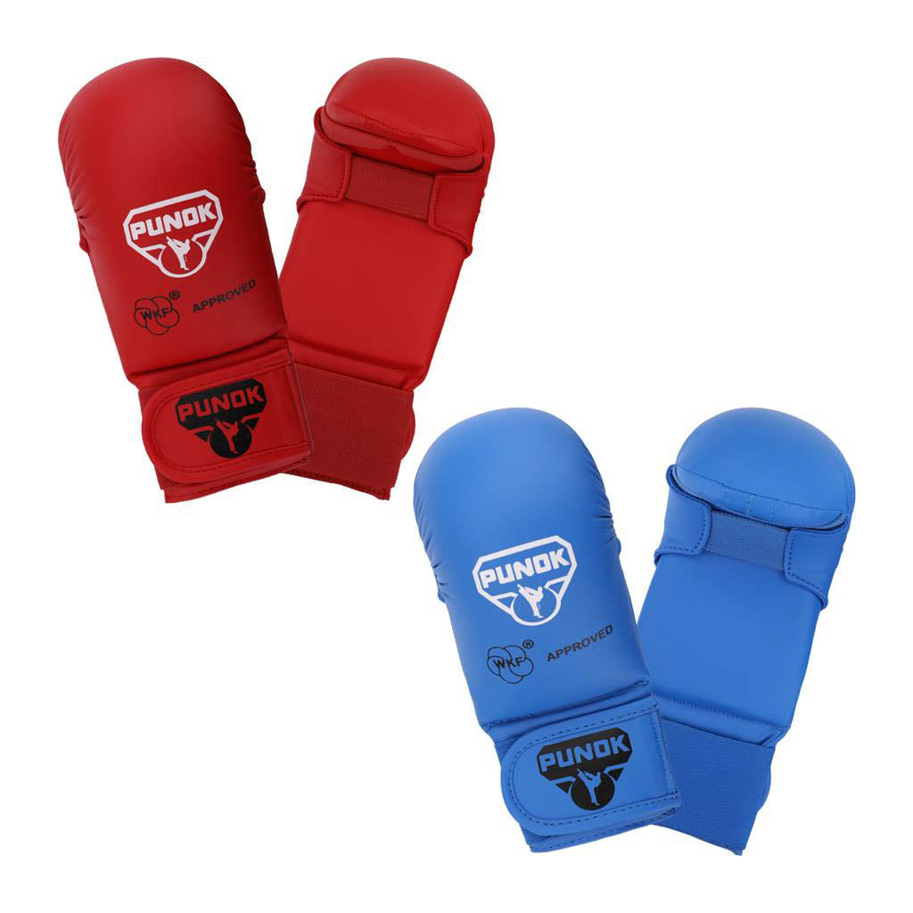Punok WKF-approved karate punch gloves, red pair with wrist straps and logo