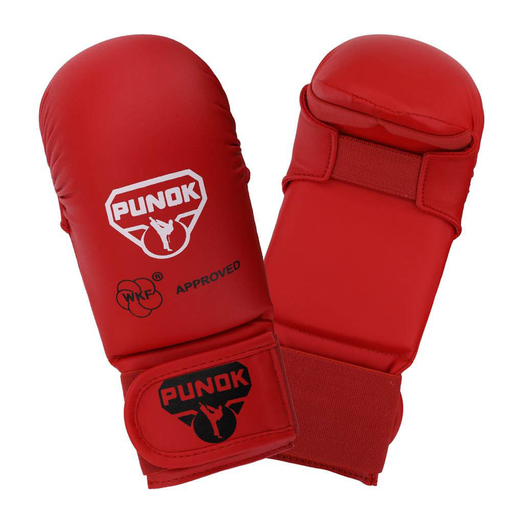 Punok WKF-approved karate punch gloves, red pair showing backhand and wrist panel