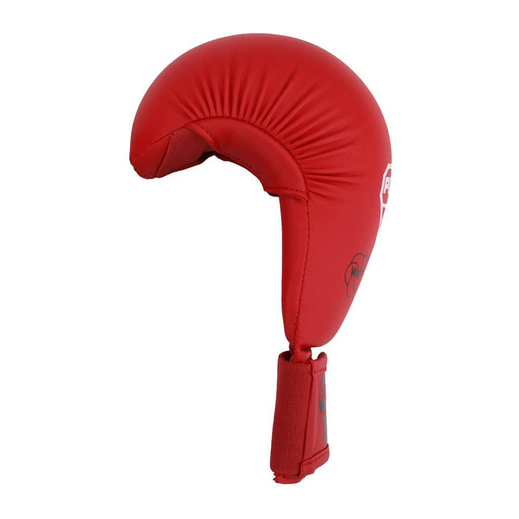 Red padded boxing-style head guard with chin strap and curved top padding