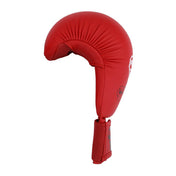 Red padded boxing-style head guard with chin strap and curved top padding
