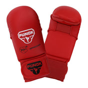 Red karate punch gloves showing Punok logo and APPROVED badge, with hook-and-loop wrist closure
