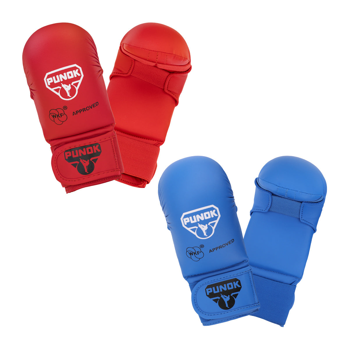 Punok karate punch gloves in red and blue pairs, each with APPROVED mark and wrist straps
