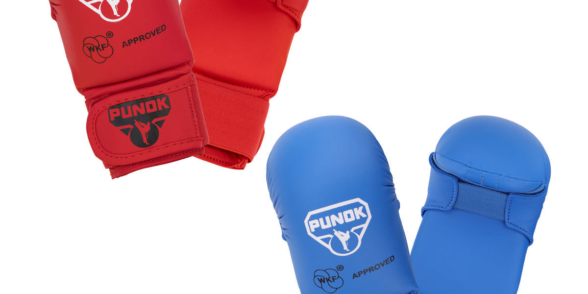 Punok karate punch gloves in red and blue pairs, each with APPROVED mark and wrist straps