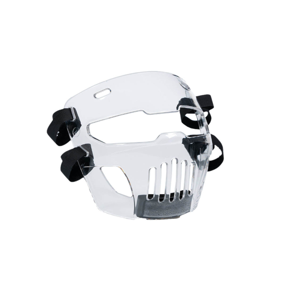 Clear protective face shield with black elastic straps and vented mouth guard