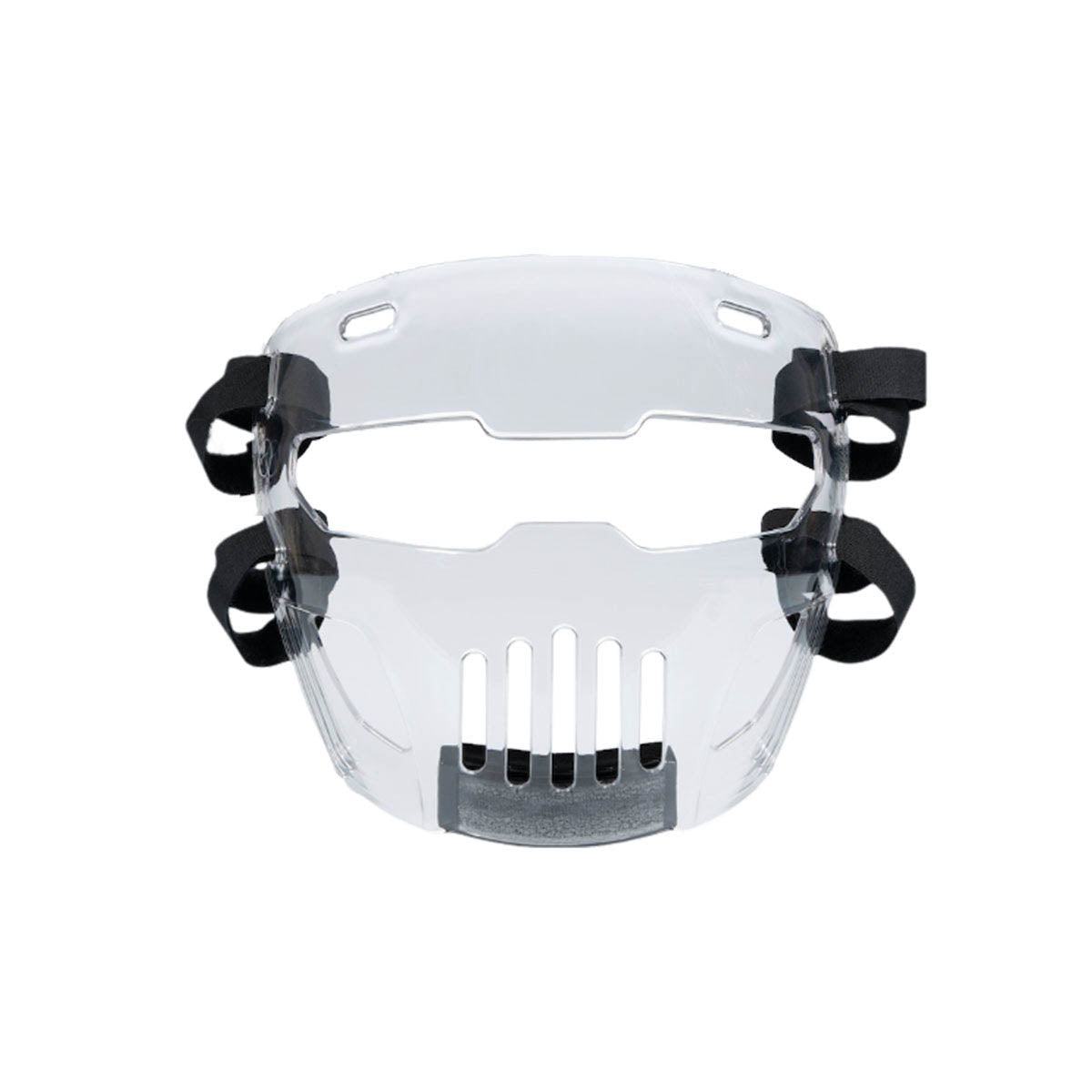 Clear face shield with black straps and front ventilation bars, straight-on view