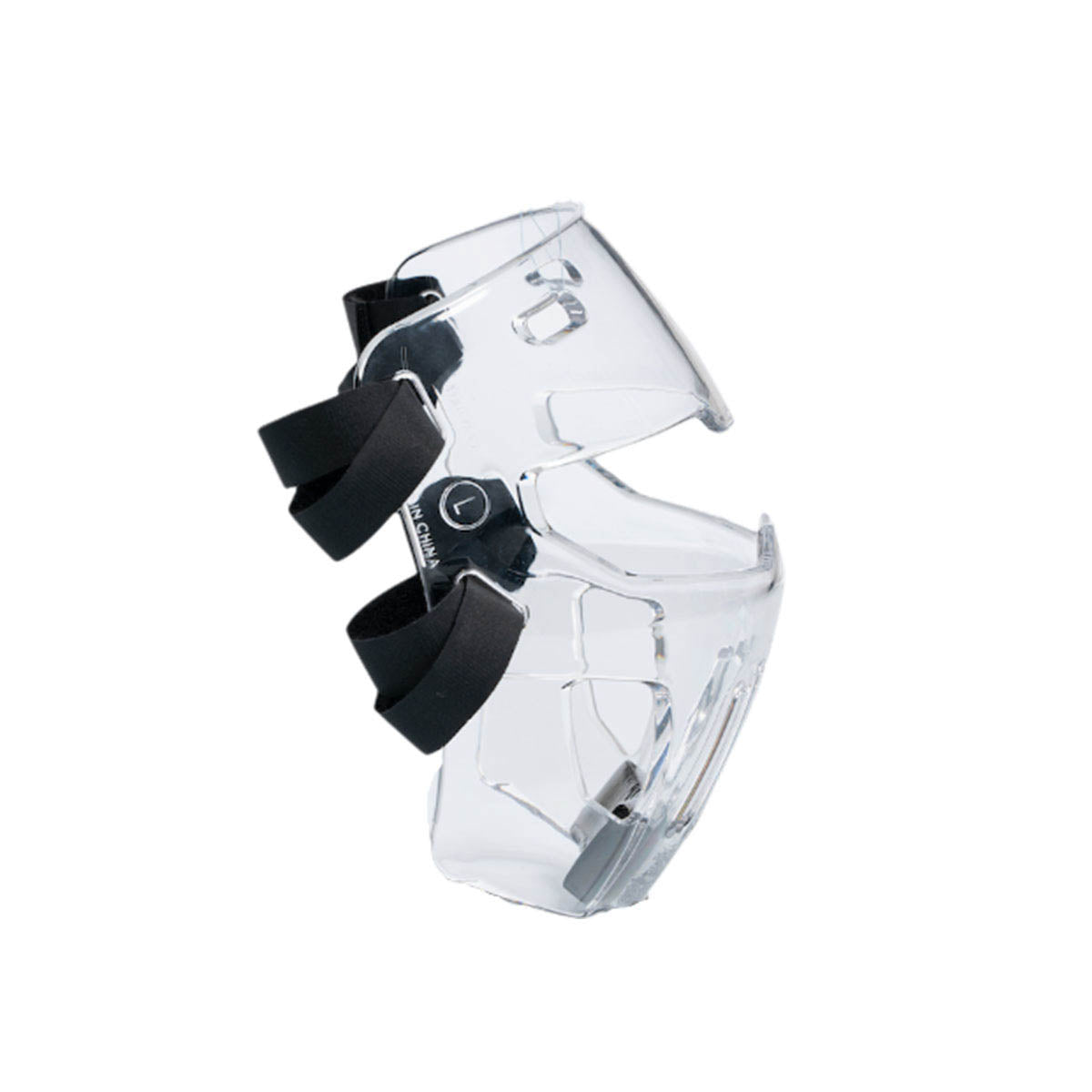 Clear face shield with black straps and side profile front bars