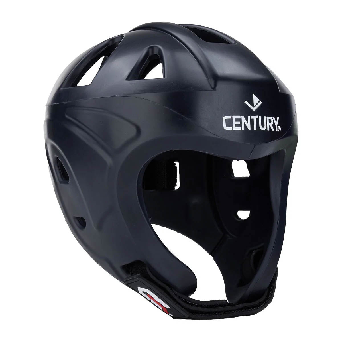 Black protective headgear helmet with face guard, white swoosh and Century logo
