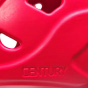Red helmet shell with molded vents and contours, Century logo detail visible