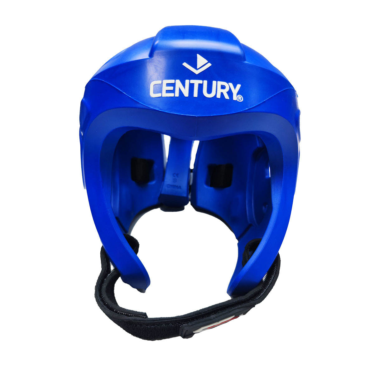 Blue protective helmet with black chin strap and Century logo at the front