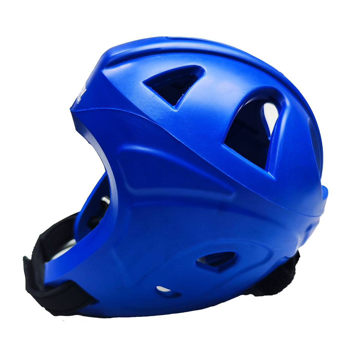 Blue helmet with side air openings and black chin strap
