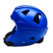 Blue helmet with side air openings and black chin strap