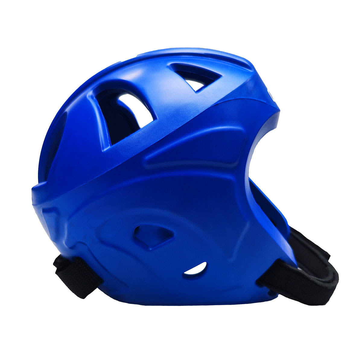 Blue helmet with rear vents and black strap tabs