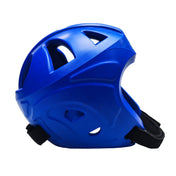Blue helmet with rear vents and black strap tabs