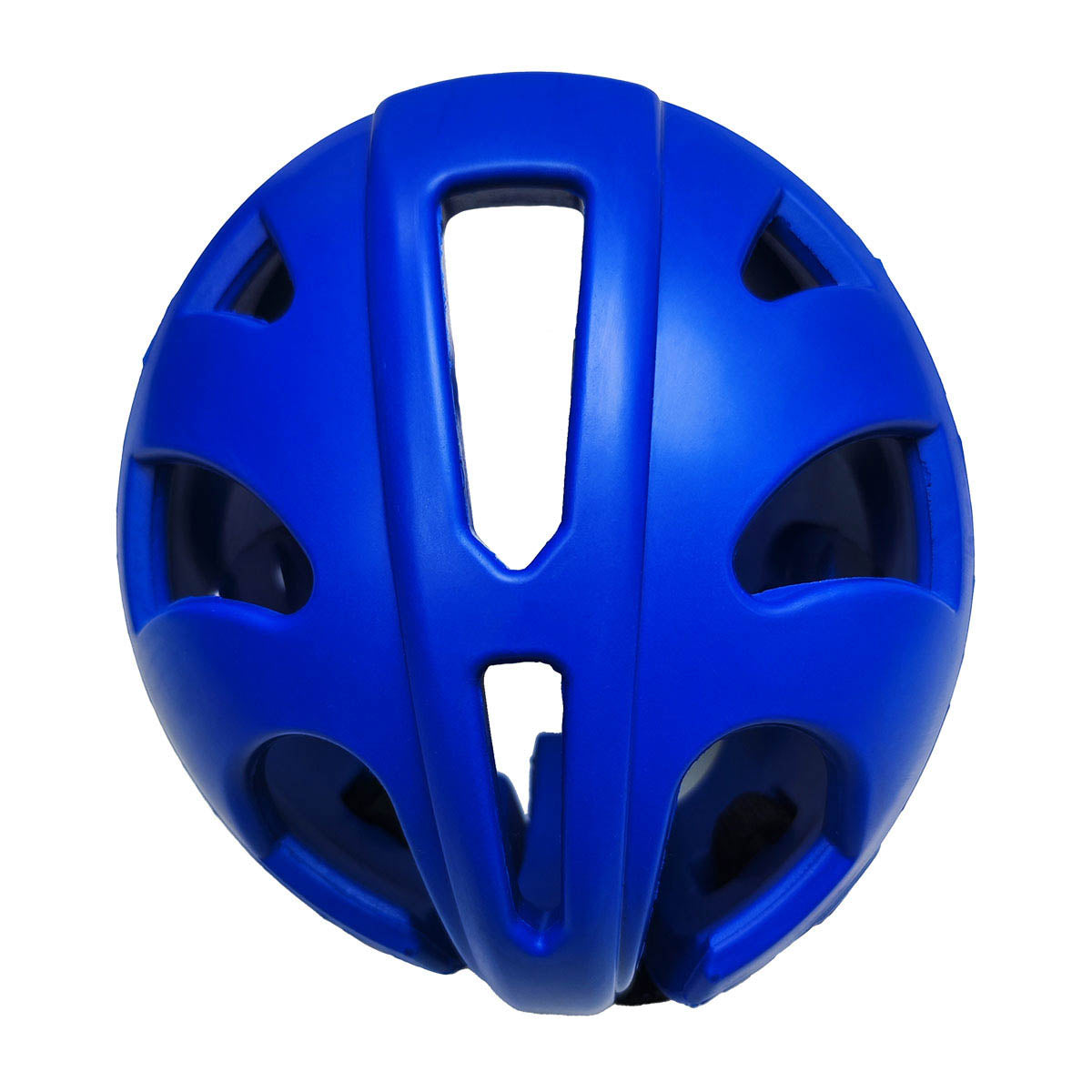Blue helmet with central face opening and side ventilation cutouts