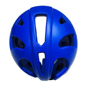 Blue helmet with central face opening and side ventilation cutouts