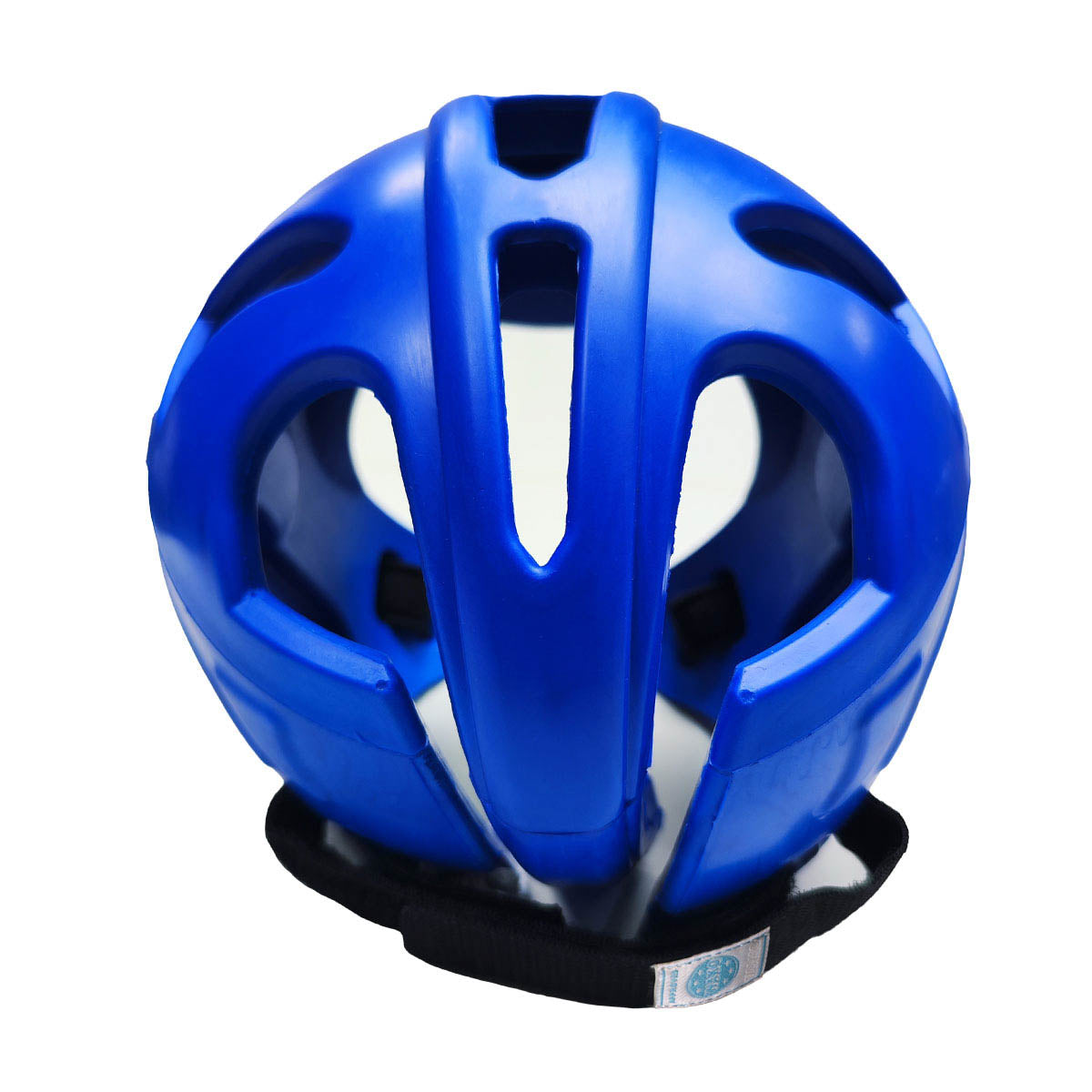 Blue helmet rear view with ventilation holes and chin strap